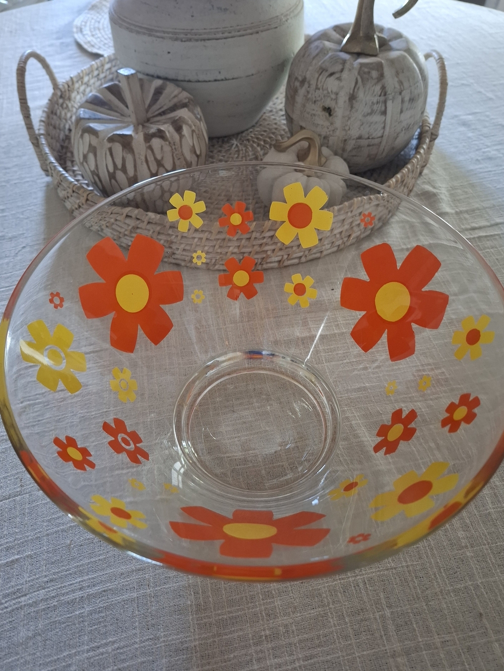 Vintage 1960's Mid Century Atomic Retro Boho Orange & Yellow Daisy Glass  Bowl